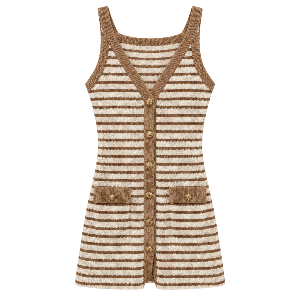 21 Saints Striped Knit Dress Size XS Brown Beige V-Neck Gold Buttons 1
