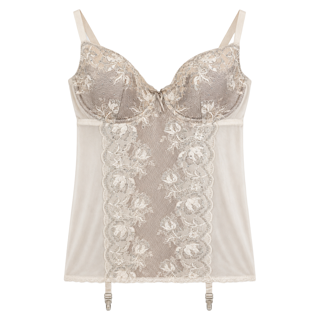 Victoria's Secret Seduction Lace Garter Slip Size 36D Taupe Ivory Crystals 1