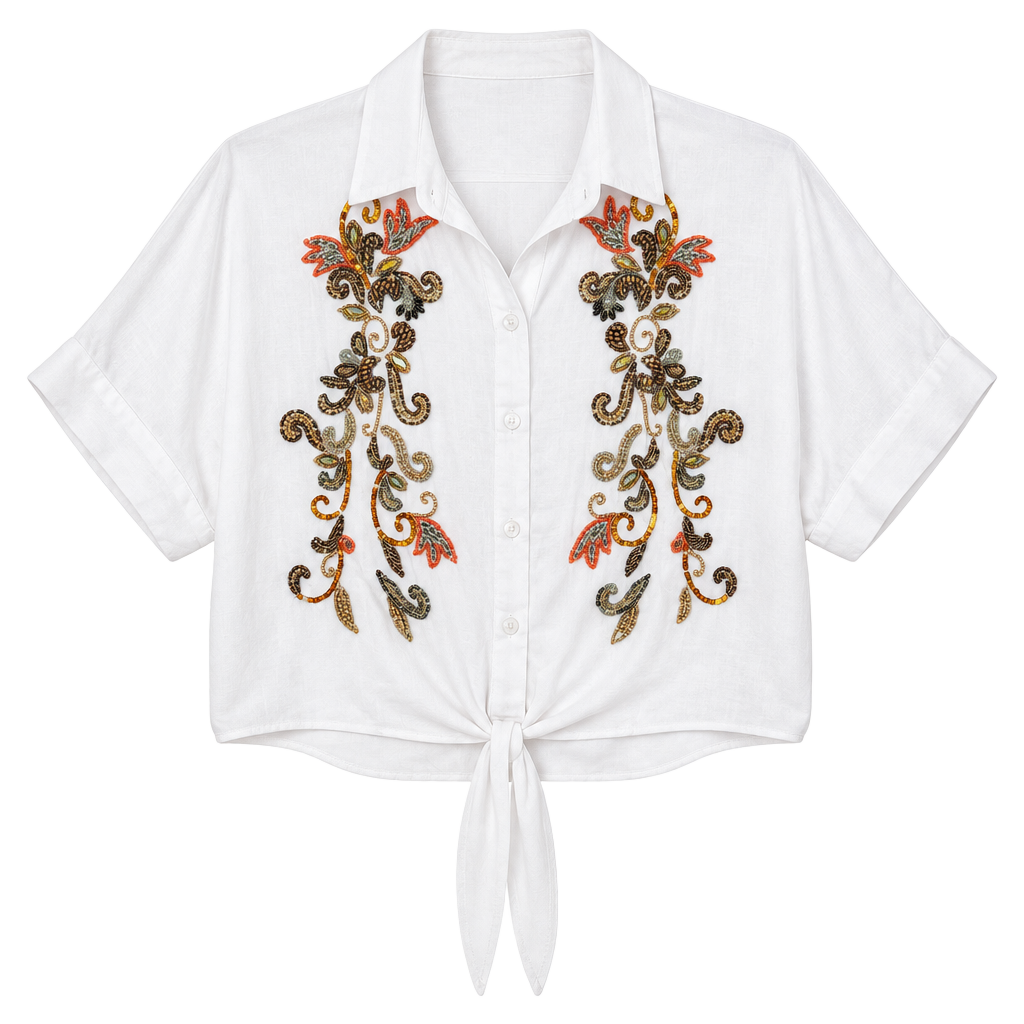 Sonrisa Hand Beaded Cropped Button Up Size M White Rayon Blouse NWT 1