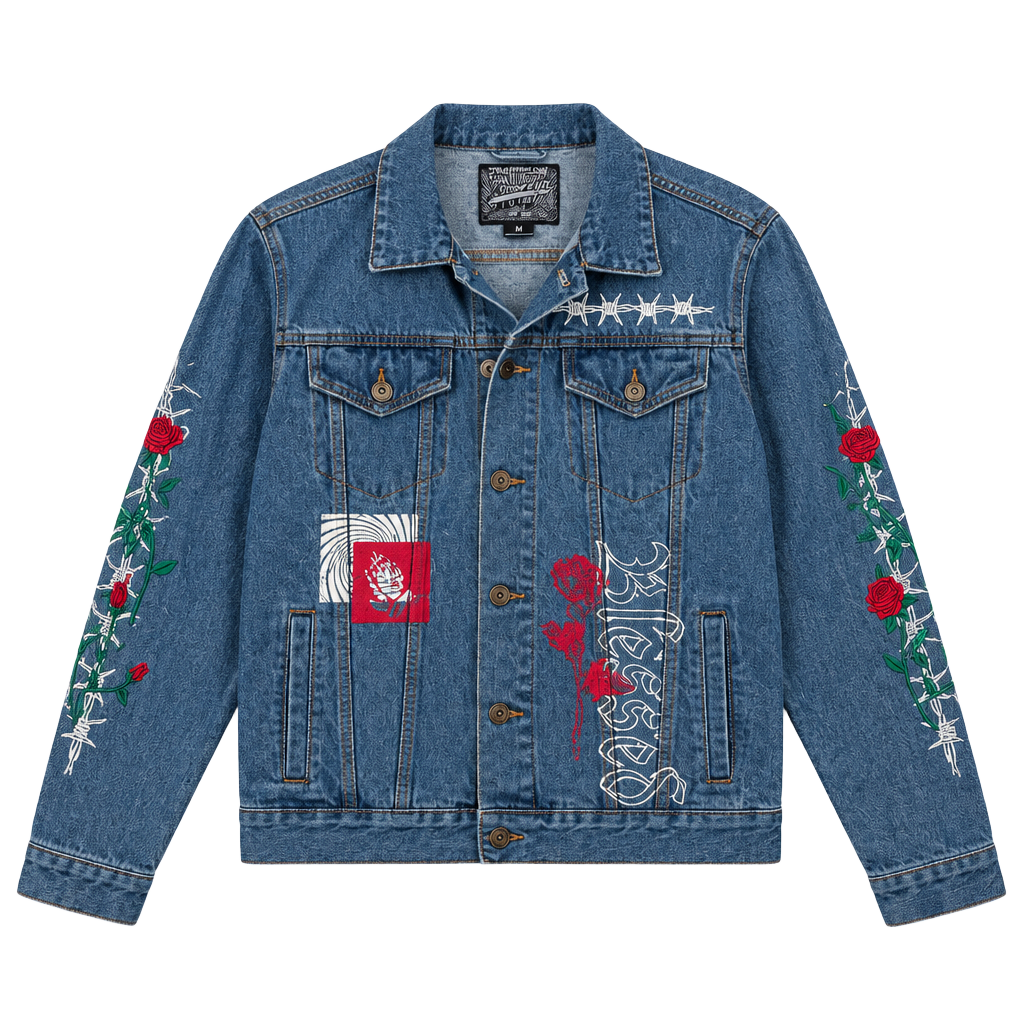 Brooklyn Cloth Jean Jacket Size M Blue Blessed Rose Embroidery Patches 1