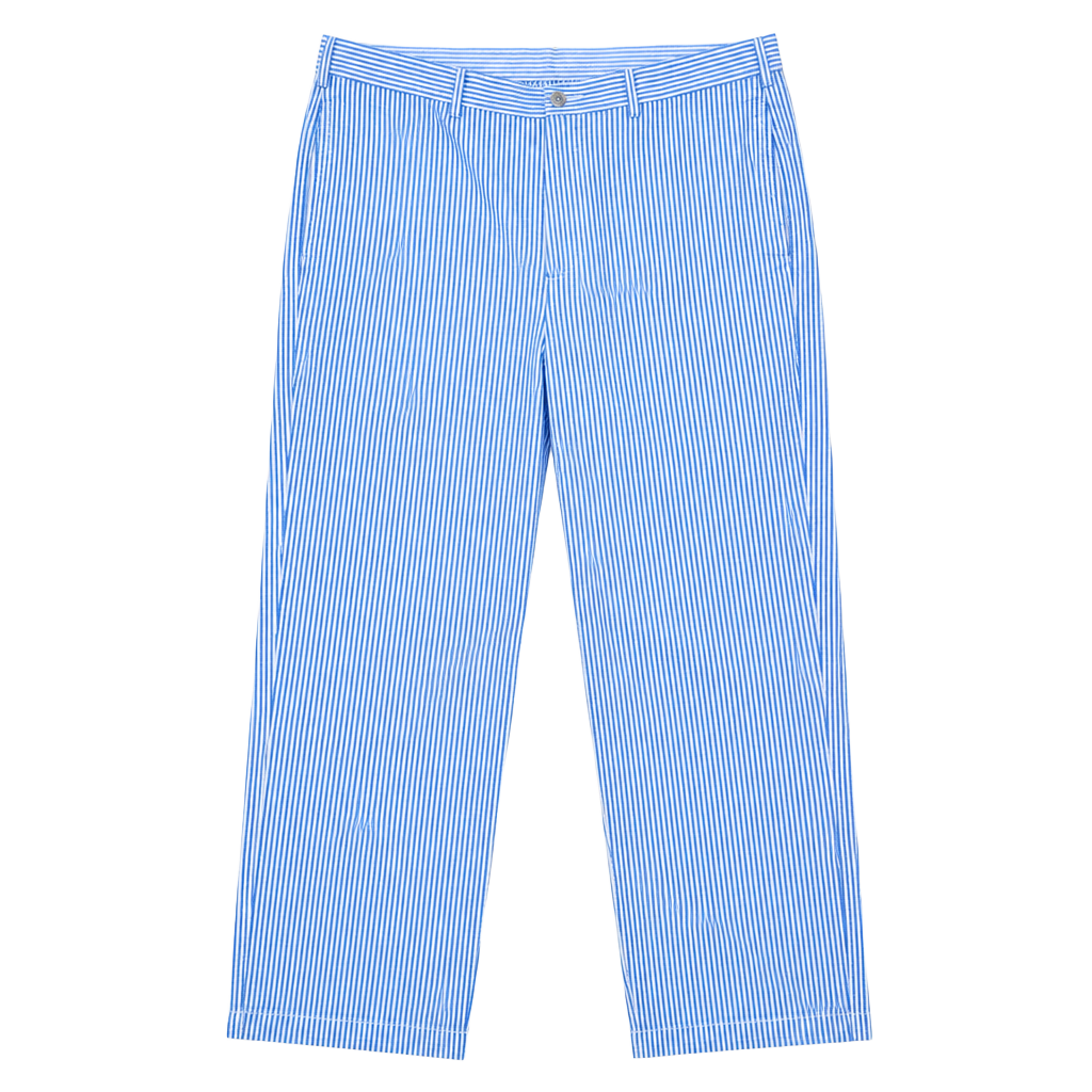 Z- Roundtree & Yorke Seersucker Pants Size 40x32 Blue White Striped Flat Front 1