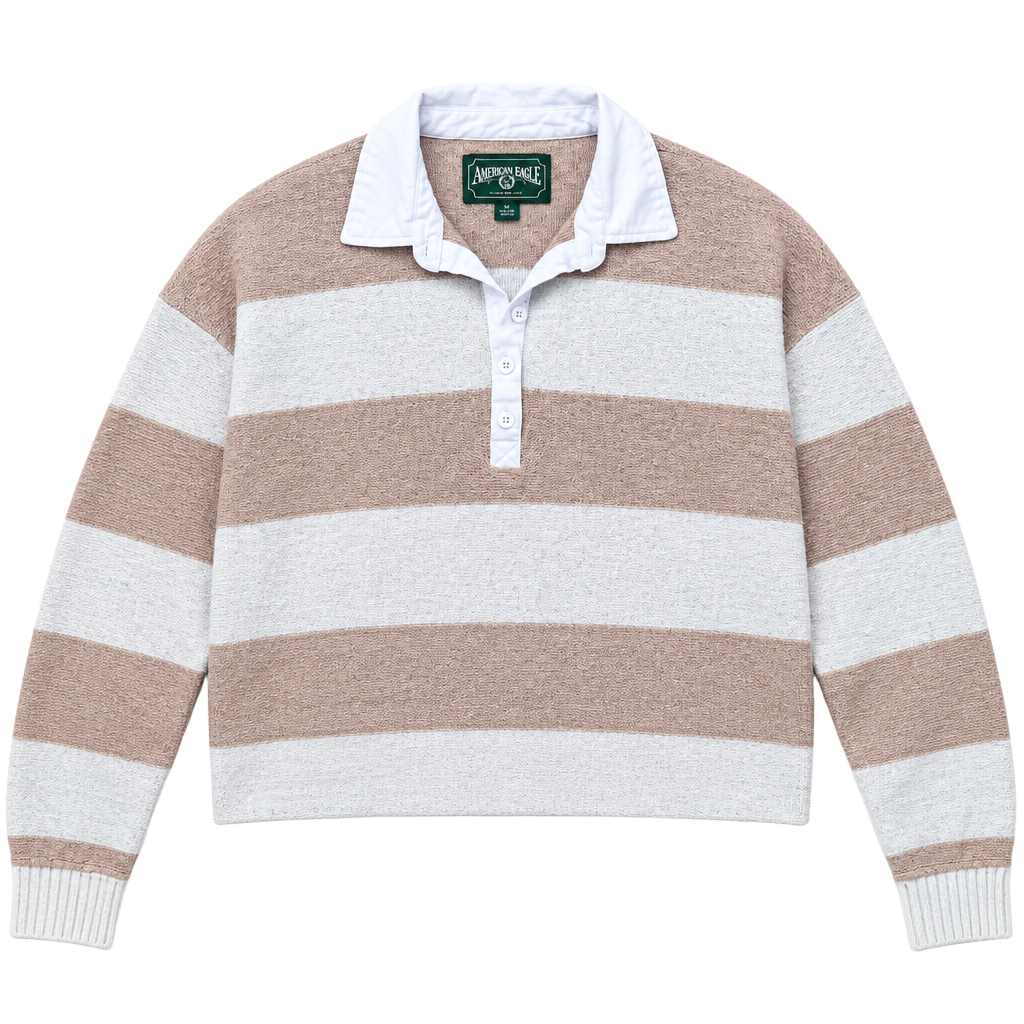 Z- American Eagle Striped Collared Sweater Size S Tan White Knit 1