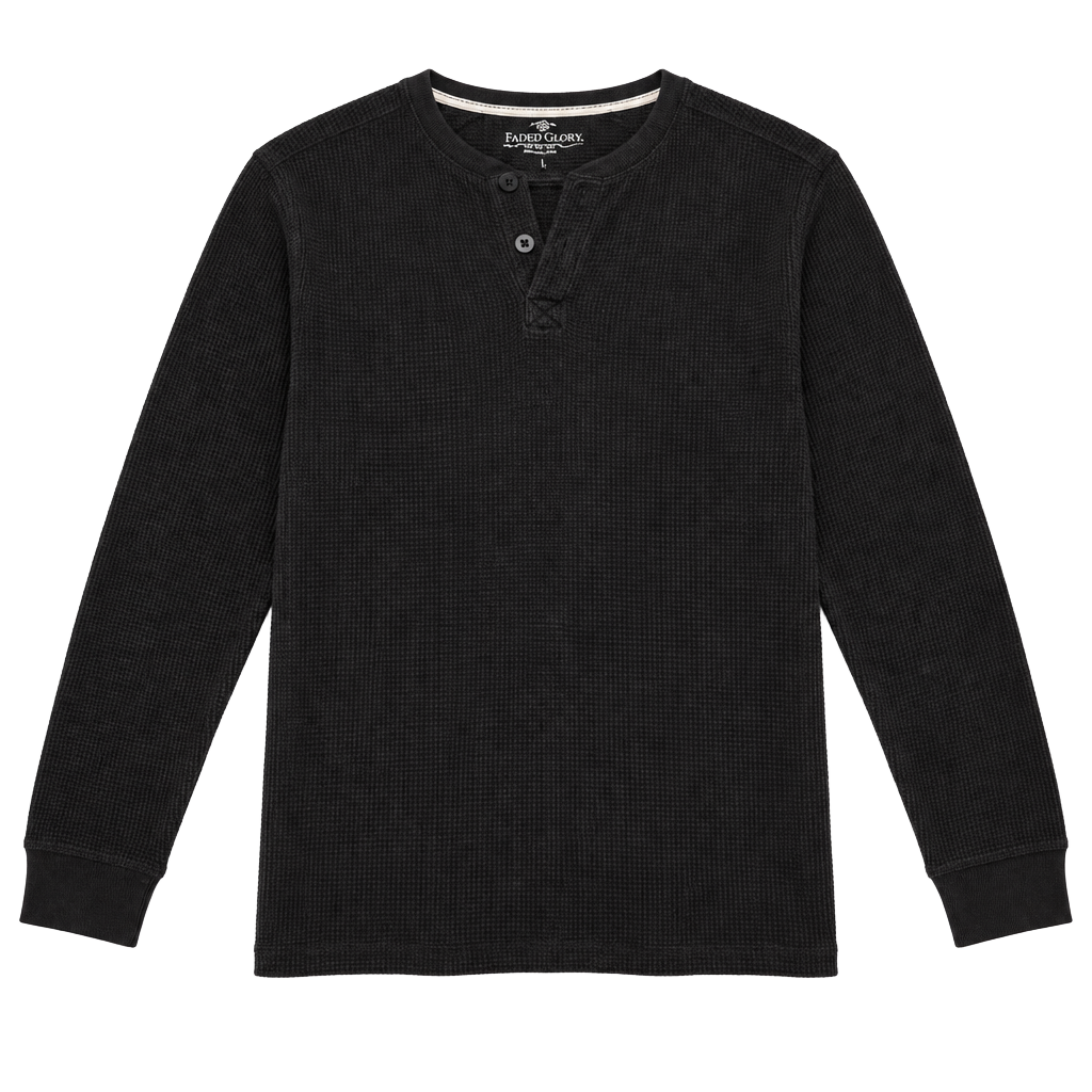Faded Glory Thermal Henley Size M Black Long Sleeve Waffle Shirt 1