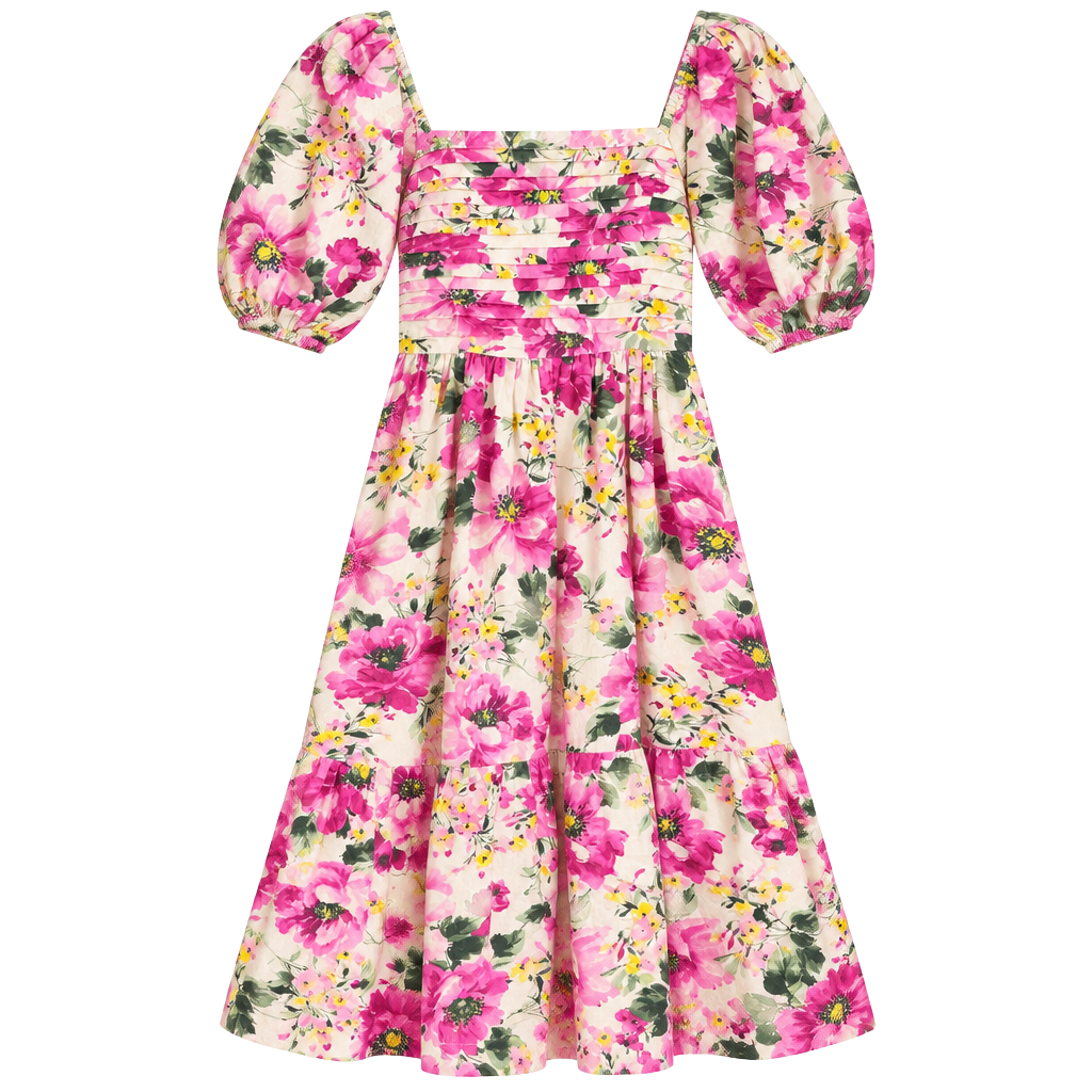 Abercrombie & Fitch Emerson Puff Sleeve Midi Dress Pink Floral 1