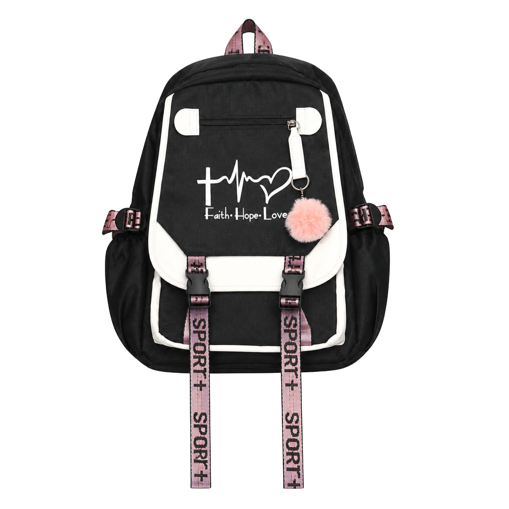 Faith Hope Love Graphic Black and White School Backpack with Pink Straps 1