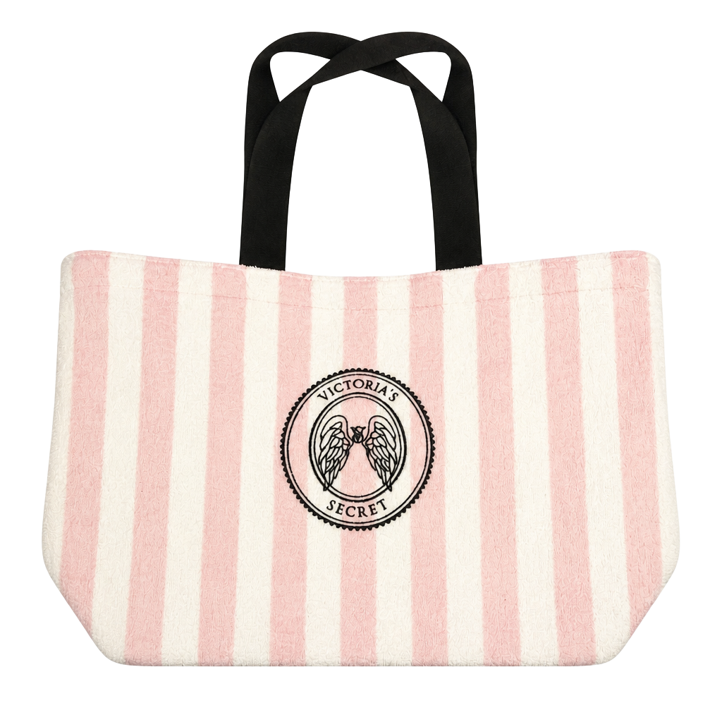 Victoria's Secret Pink & White Striped Terry Cloth Tote Bag with Angel Wings Logo 1
