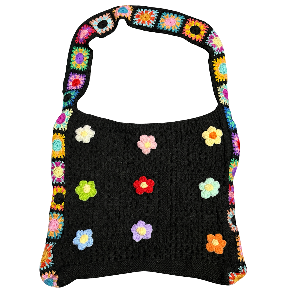 Unique Bargains Flowers Pattern Crochet Bag Black 1