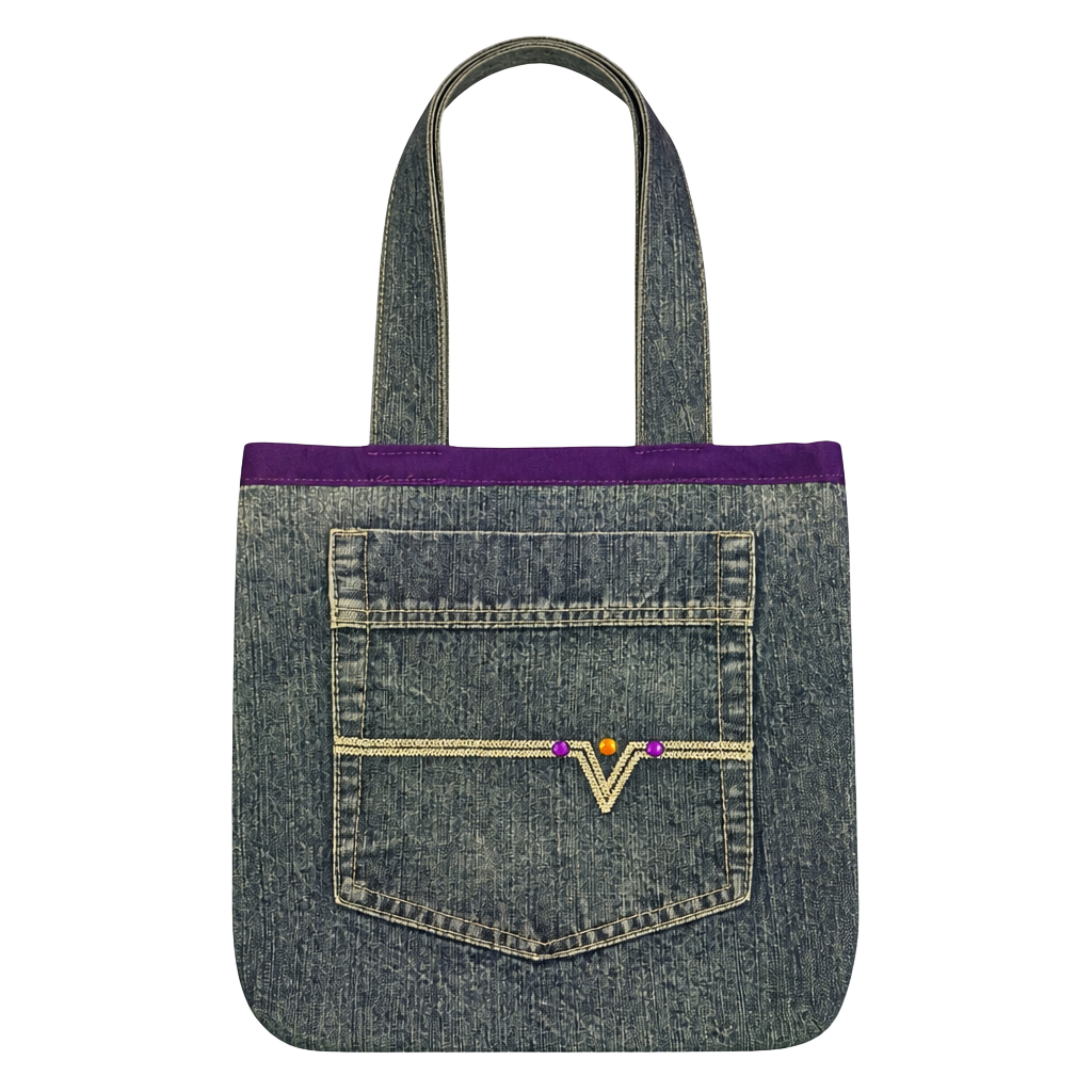 Handmade Upcycled Denim Tote Bag with Purple Lining and Pocket Bedazzles 1