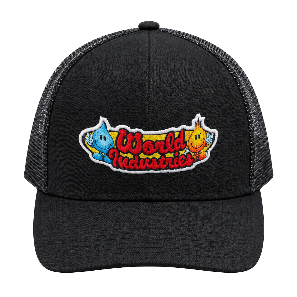 World Industries Trucker Hat Black Snapback Mesh Cap Logo Patch New 1