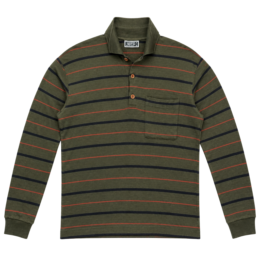 Maglieria Borg Vintage Made in Italy Olive Green Striped Long Sleeve Polo Shirt 1