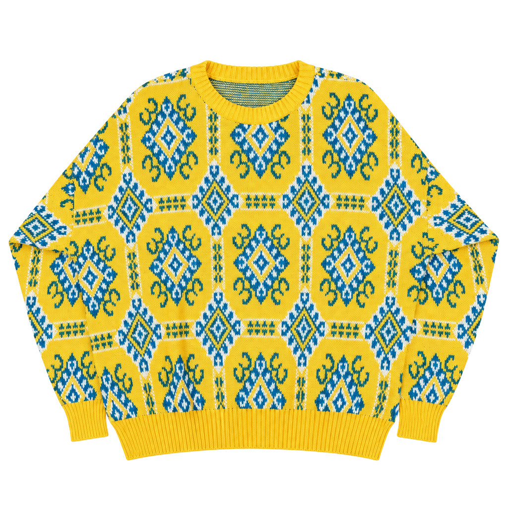 Vintage Unionbay Made in Italy Yellow and Blue Geometric Pattern Knit Sweater 1