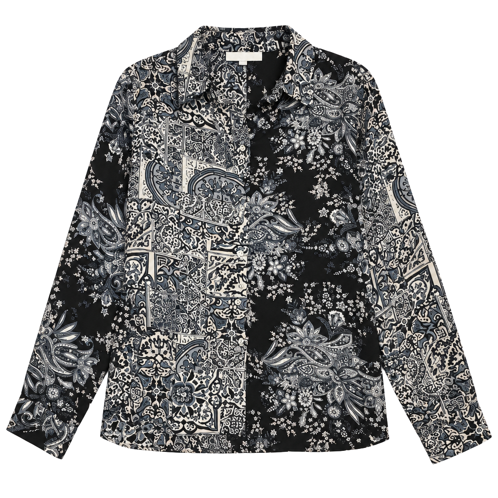 Bohemian Pattern Play Button Down Shirt Size L Blue Black Paisley 1