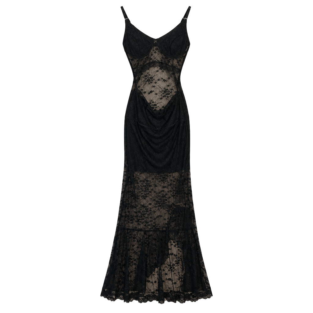 Witchy Romantic Black Lace Cutout Sheer Midi Dress 1