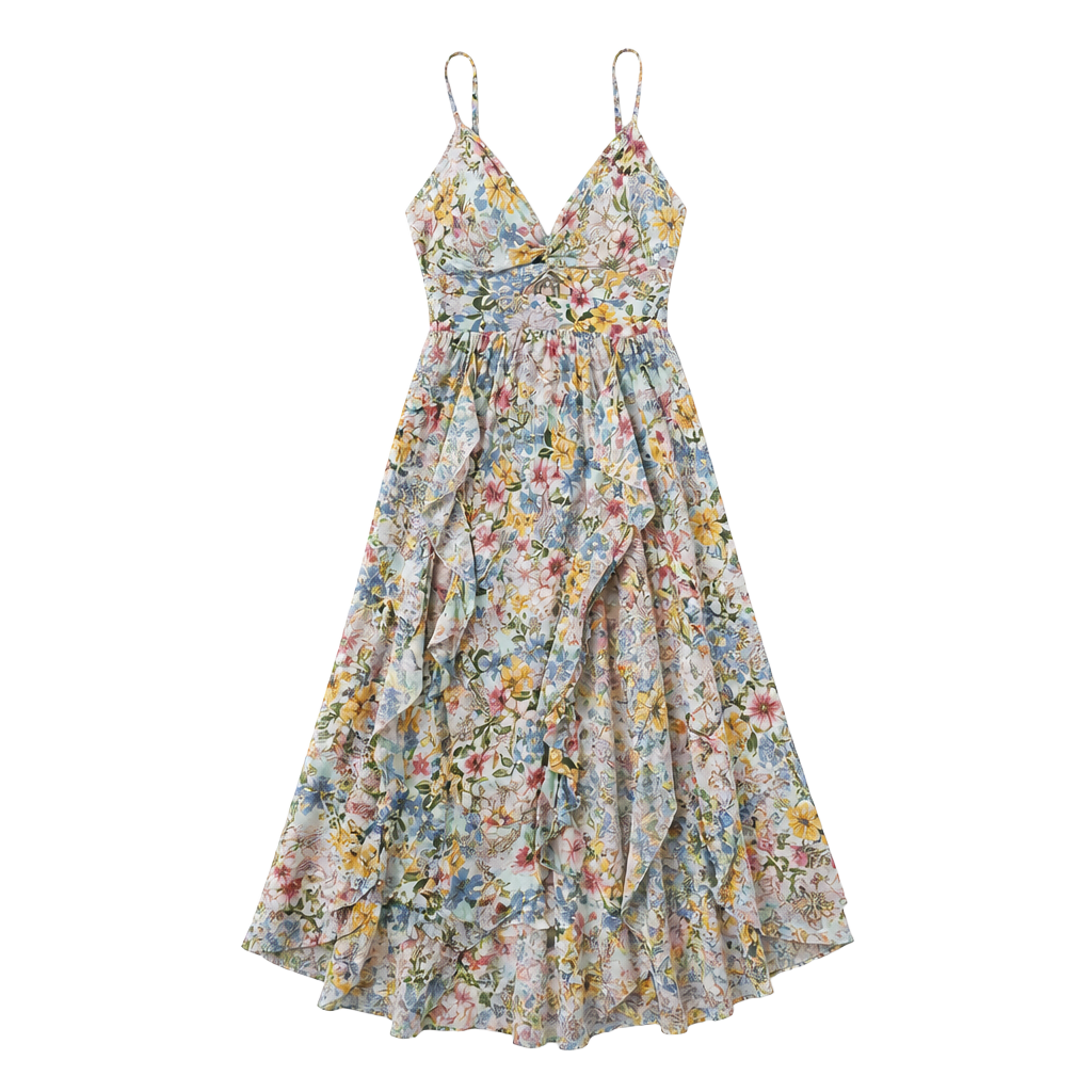 Y2K Angie FairyCore Floral Midi Dress Size M Ruffle Leg Splits 1
