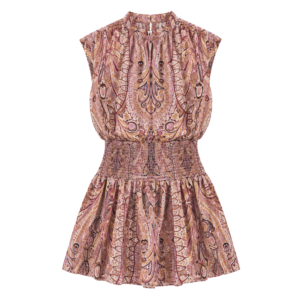 Y2K Vintage Paisley Tapestry Mock Neck Smocked Drop Waist Dress 1