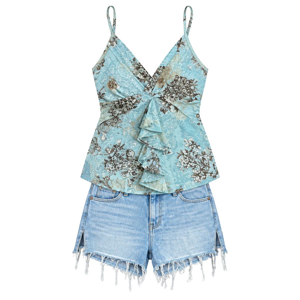 Fairycore Floral Butterfly Print Ruffle V-Neck Tank Top Size L Blue 1