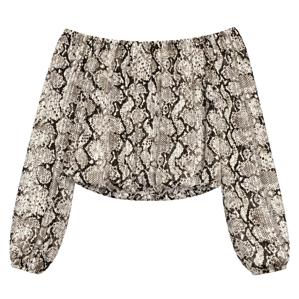 Y2K Windsor Snake Print Metallic Thread Off Shoulder Blouse Mesh Sleeve 1