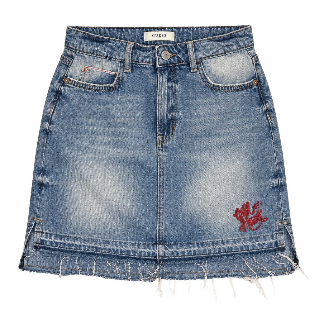 Y2K Guess Denim Skirt Size 27 Distressed Raw Hem Blue 1