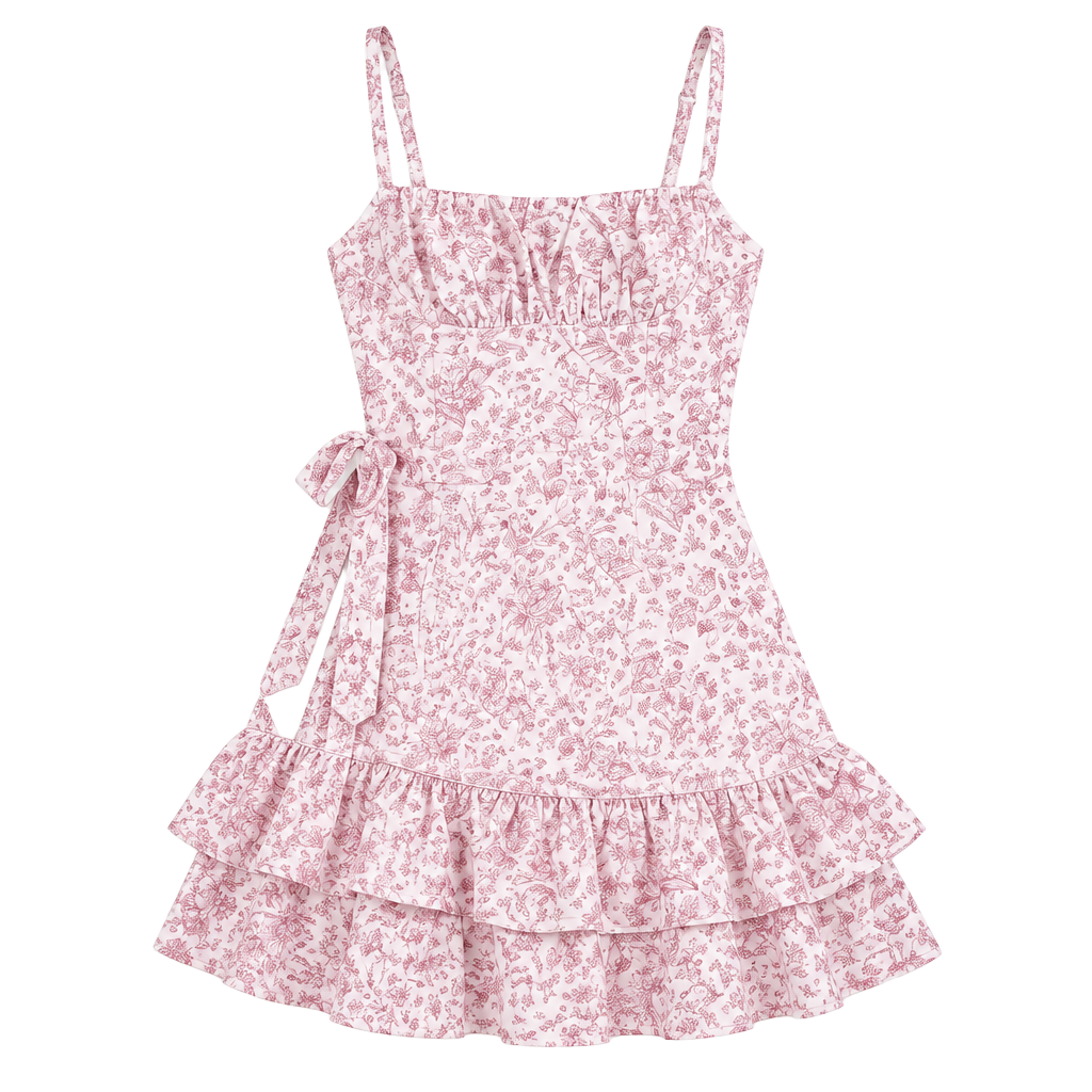 Y2K Floral Print Ruffle Trim Ruched Bust Halter Dress 1