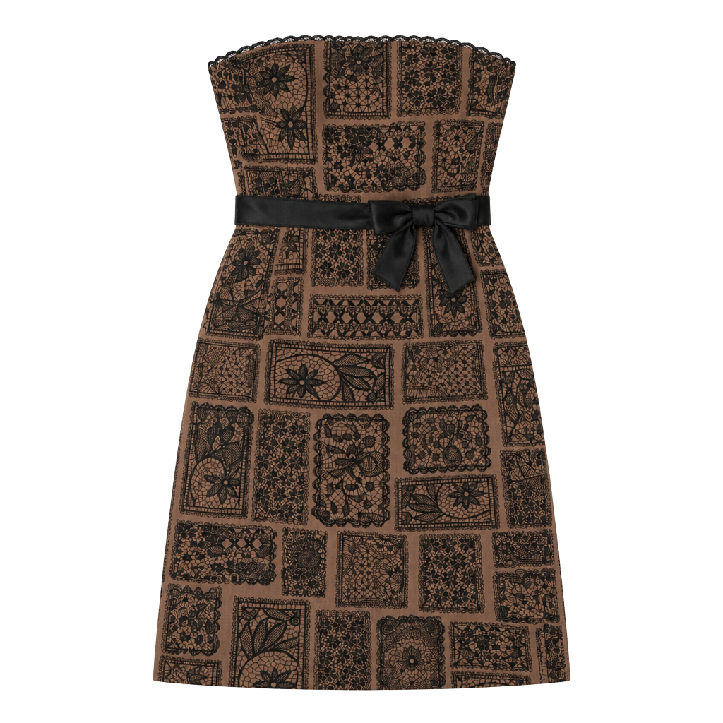 Vintage 90s Y2K Maggy London Strapless Dress Lace Patchwork Print Size 14 1
