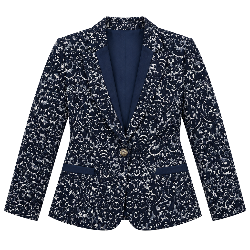 CAbi #109 Navy Velvet Jacquard Wool Blend Blazer 6 Damask Old Money Holiday 1