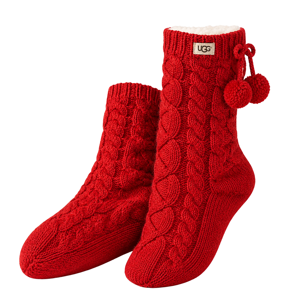 UGG Pom Pom Fleece Lined Crew Sock Size 9-11 Poppy Red Comfy 1