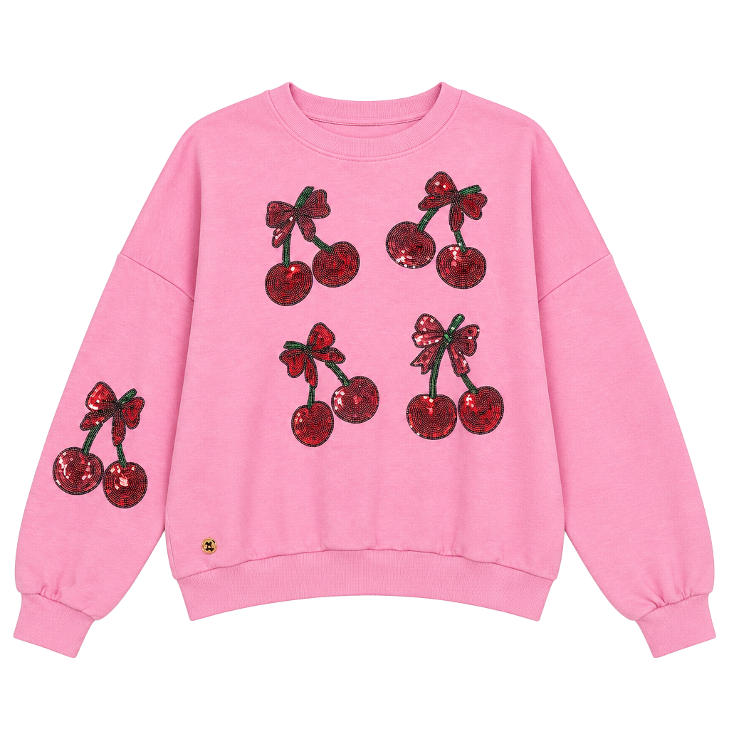 Simply Southern XL Pink Sequin Cherry Sweatshirt Coquette Bow Girly Crewneck 1