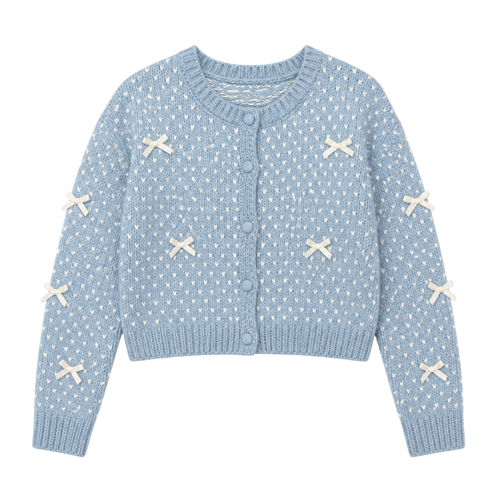 Coquette Bow Boxy Cardigan XL Blue Cream Chunky Knit Balletcore Soft Girl Sweater 1