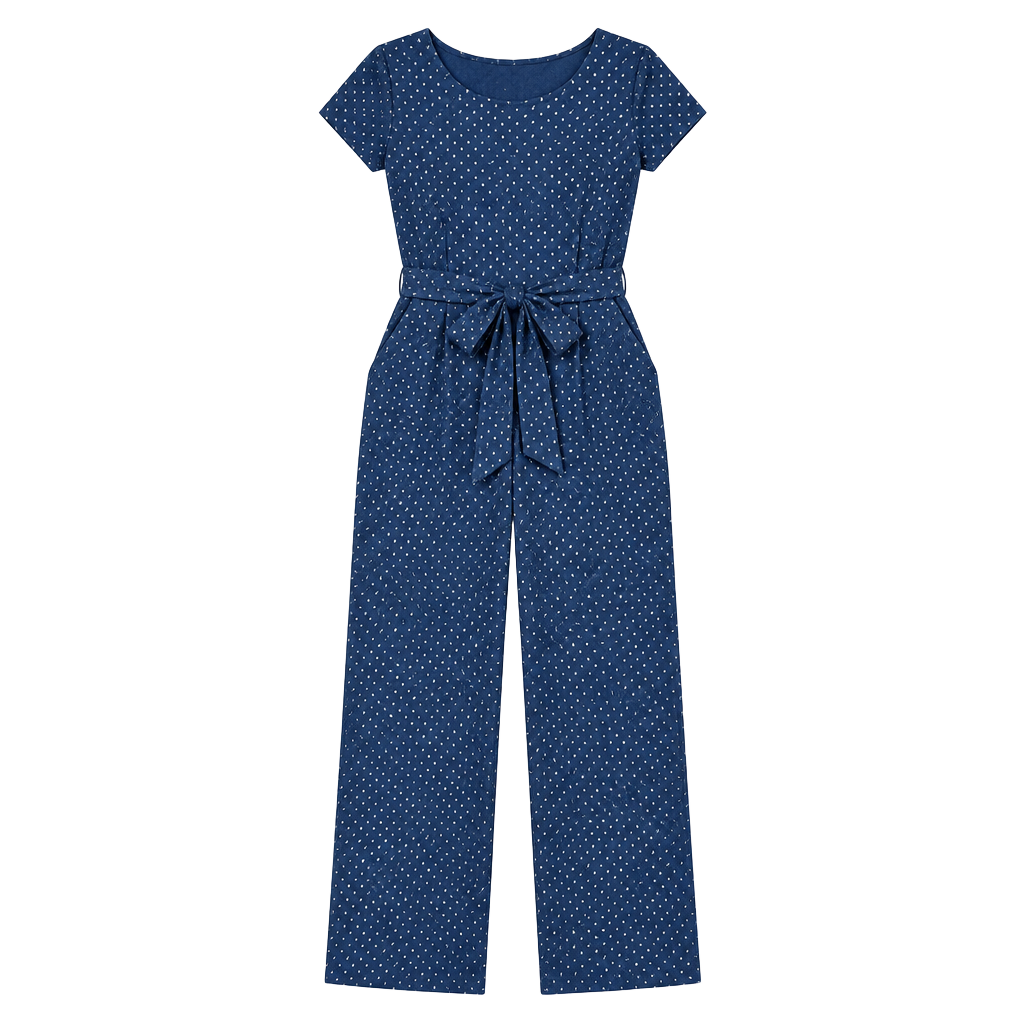 Boden Polka Dot Jumpsuit Size US 8P Blue Short Sleeve Tie Waist 1