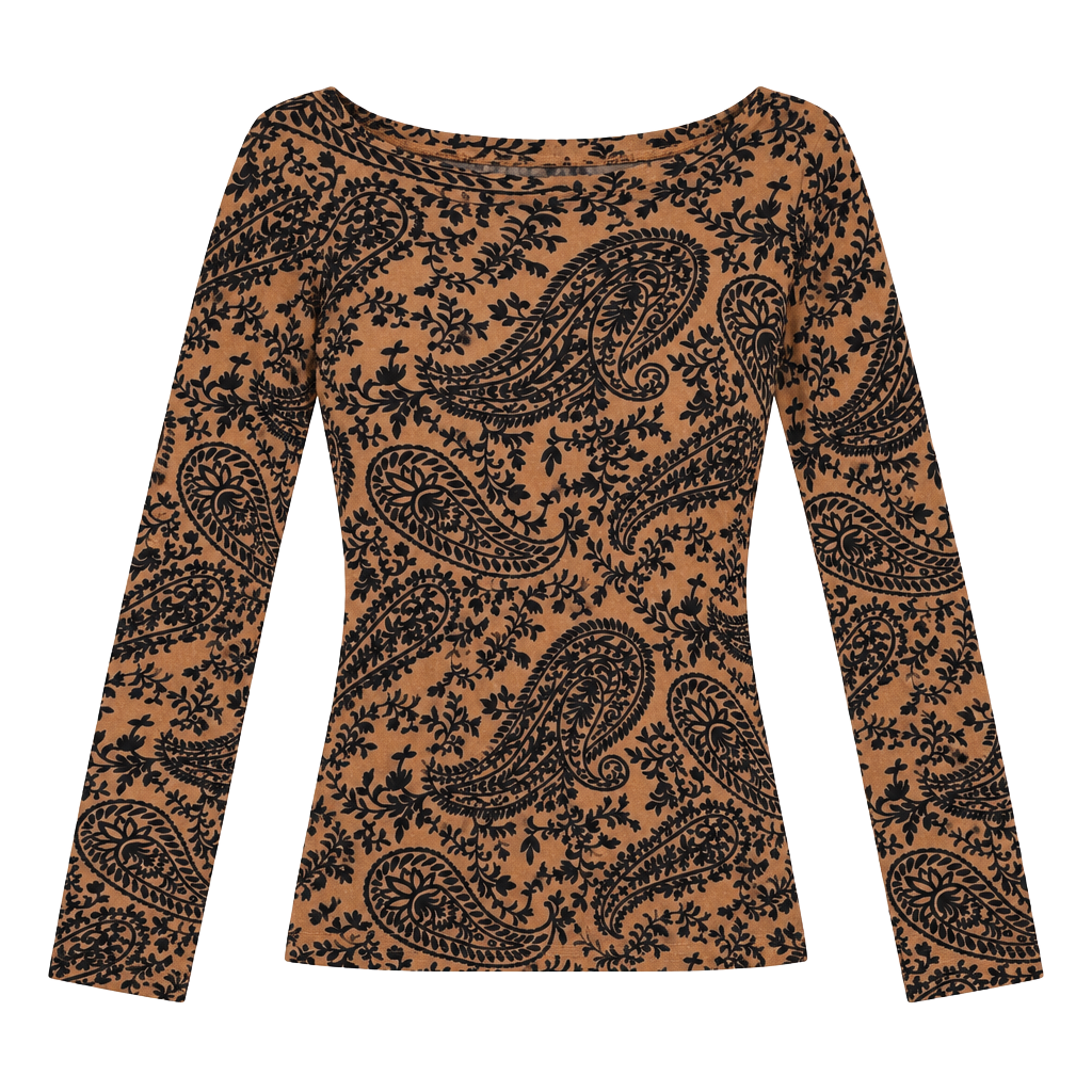 37 Orchard L NWOT Flocked Paisley Mesh Bodysuit Brown Black Y2K Sheer 1