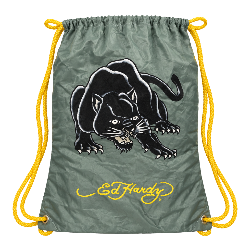 Ed Hardy Panther Drawstring Bag Green w/Yellow straps 1