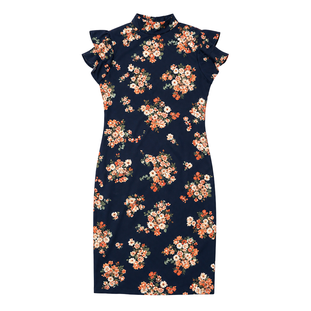 Oxiuly Fashion Floral Print Sleeve Bodycon Sheath Dress- S 1