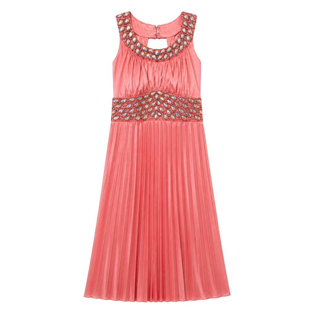 Coral Pink Halter Pleated Formal Dress with Rhinestone Embellishments 1