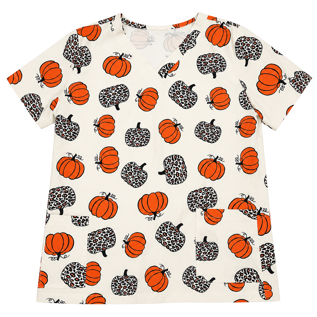 Women's Pumpkin Leopard Print V-Neck Short Sleeve Scrub Top- Small 1