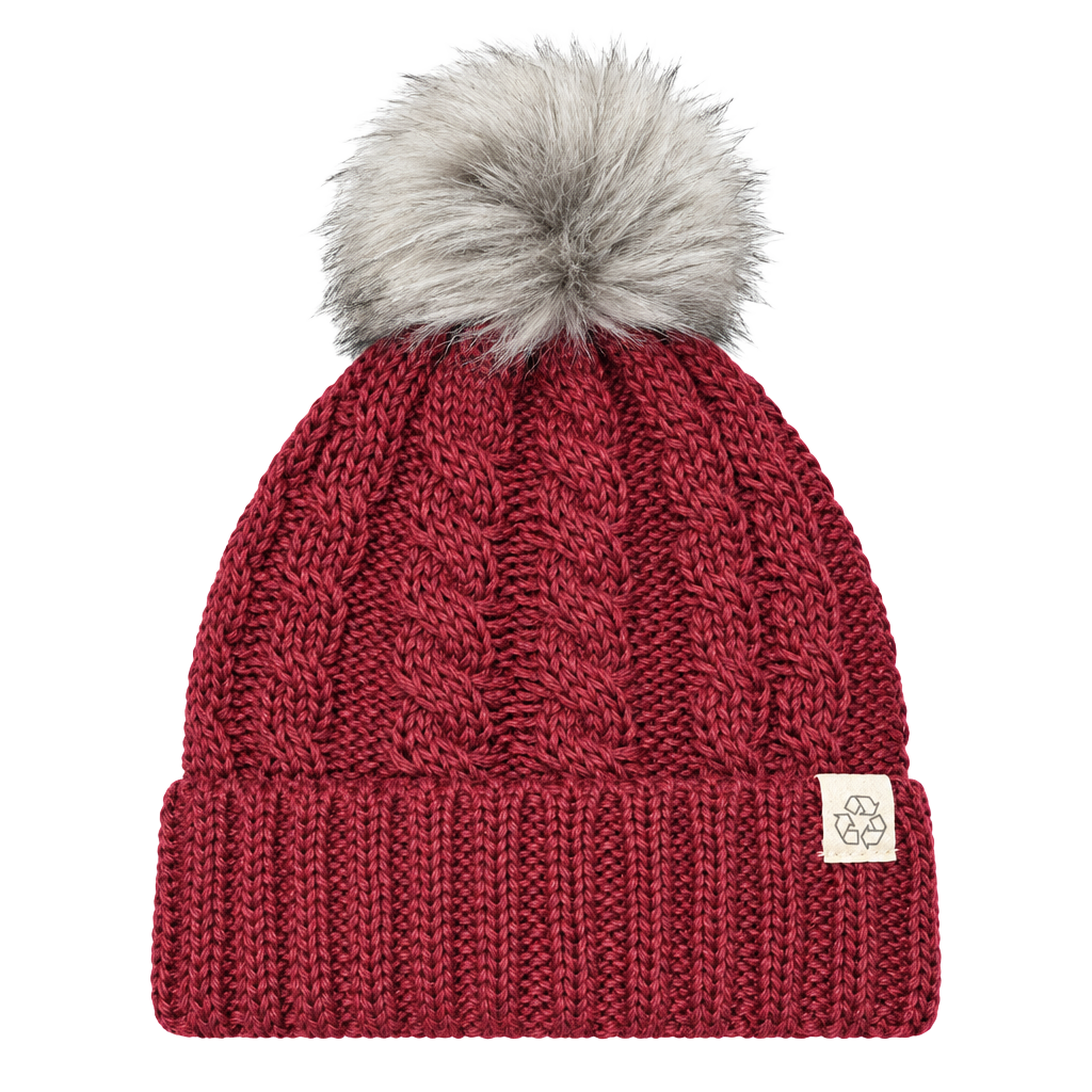 Repreve Cable Knit Beanie Burgundy Faux Fur Pom 1