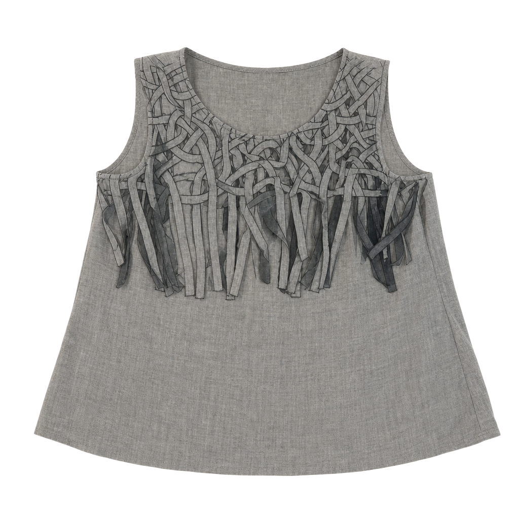 My Way Denim Blue Linen Blend Sleeveless Top with Woven Fringe Trim 1