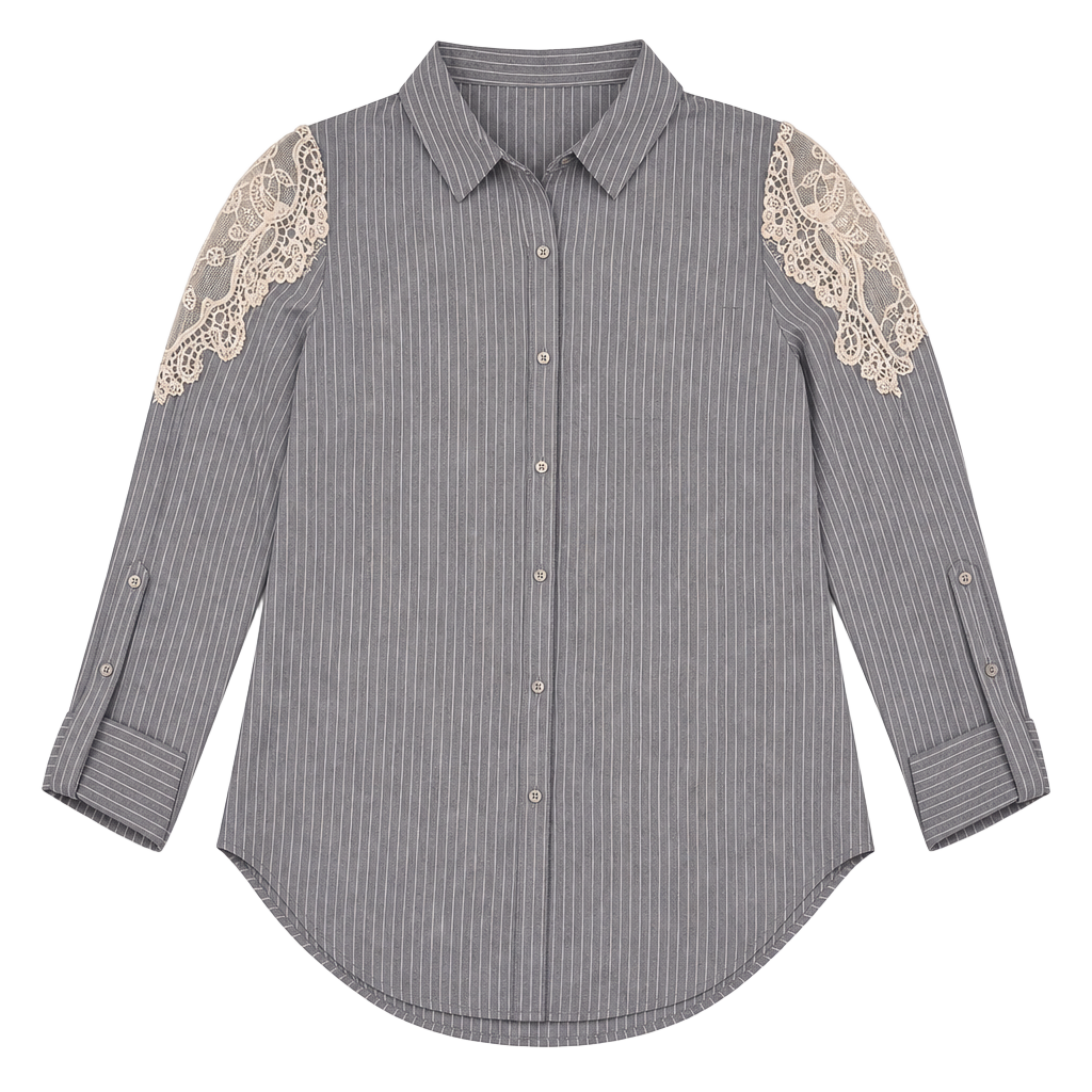 Olivia K Women's Blue Pinstripe Button-Up Shirt with Lace Shoulder Accents 1