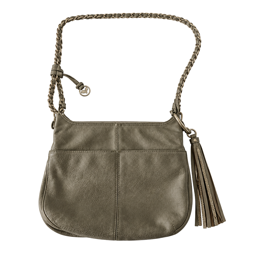 Brighton Taupe Pebbled Leather Crossbody Shoulder Bag Braided Strap Tassel Charm 1