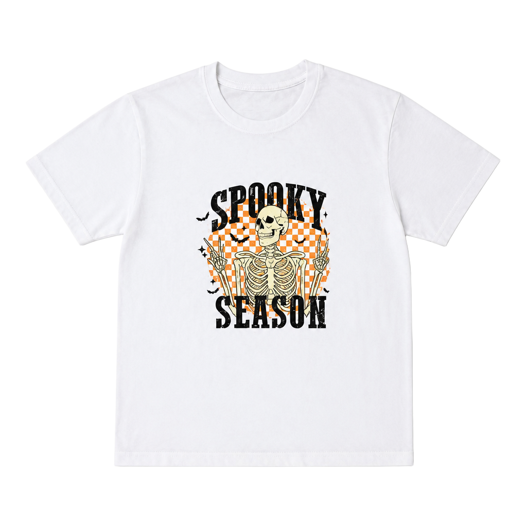 Spooky Season Halloween Skeleton Peace Sign Checkered White T-Shirt 1