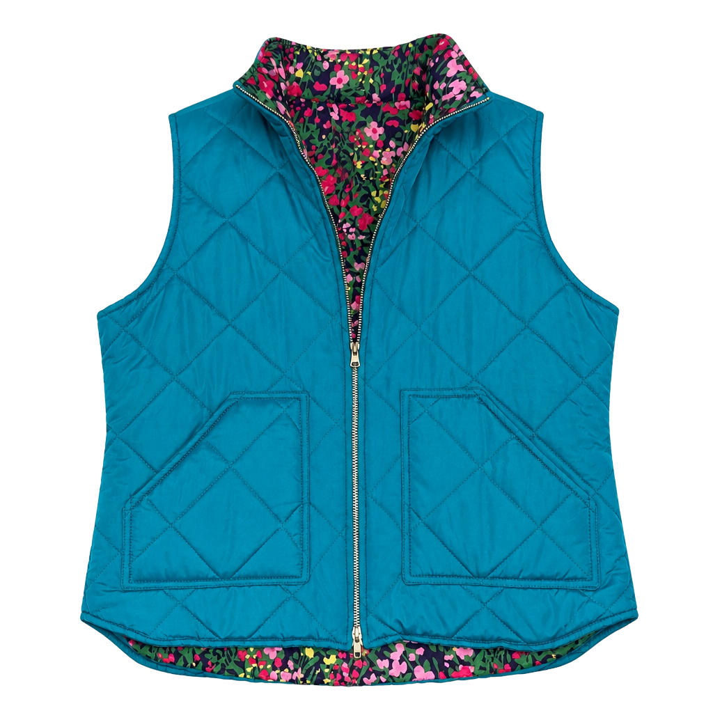 Caribbean Joe Lightweight Turquoise Teal Quilted Vest with Floral Lining 1