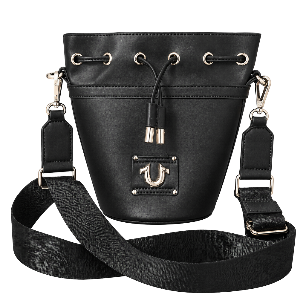 True Religion Black Faux Leather Bucket Bag Purse Crossbody 1