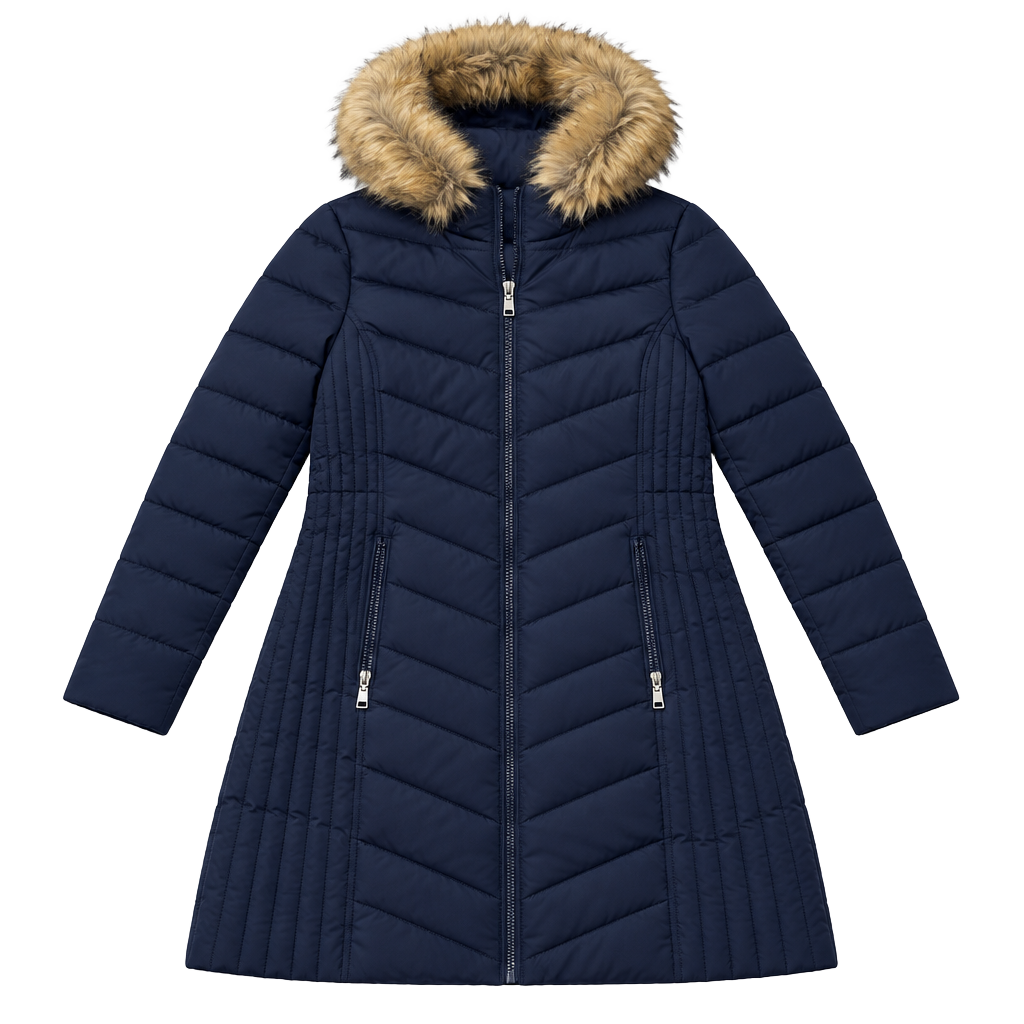 Tommy Hilfiger Quilted Puffer Coat Size XL Navy Blue Faux Fur 1