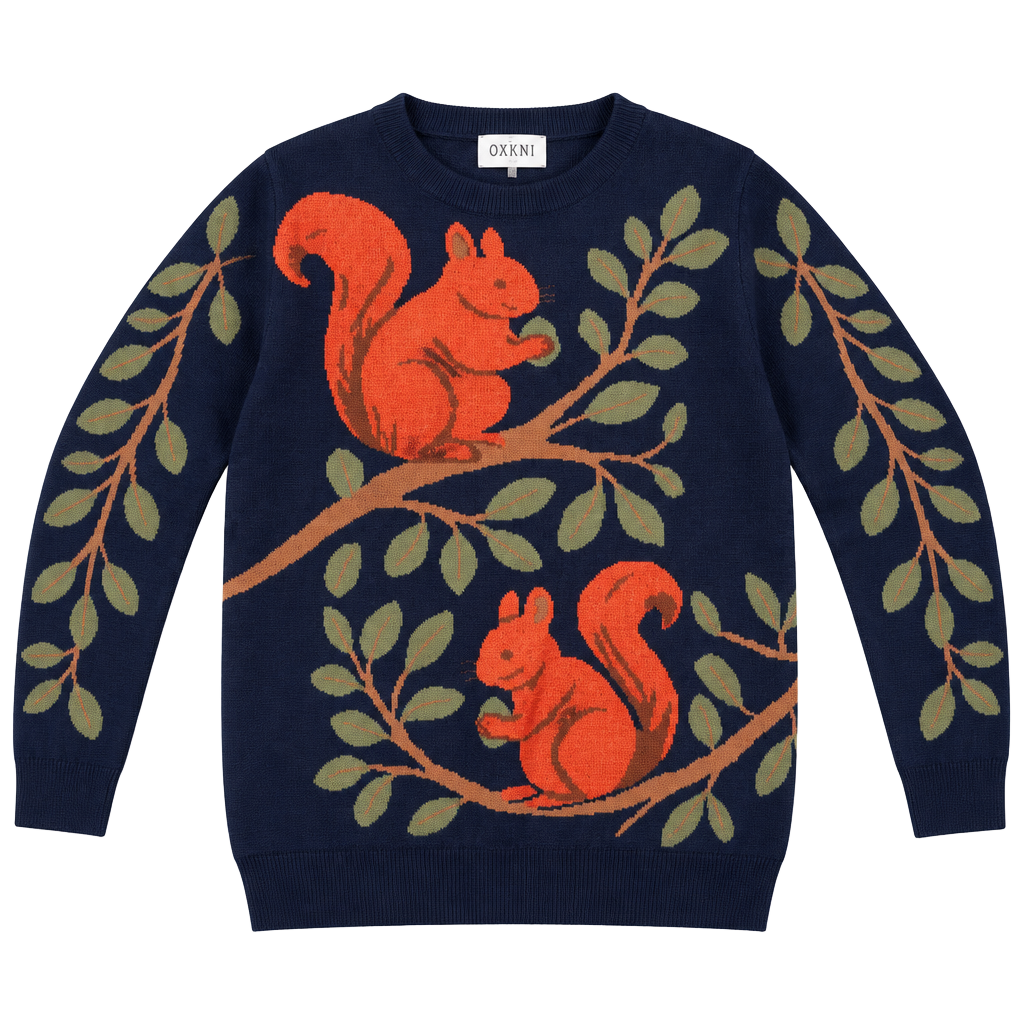 Oxknit Squirrel Tree Sweater Size M Blue Red Retro Knit Top 1