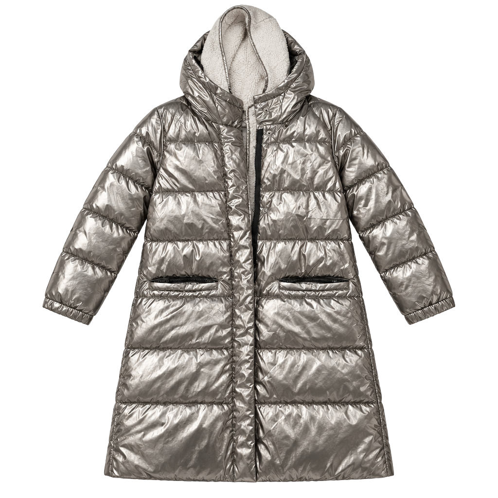 Zara Puffer Jacket kids 13-14 Metallic Silver Sherpa Hood 1