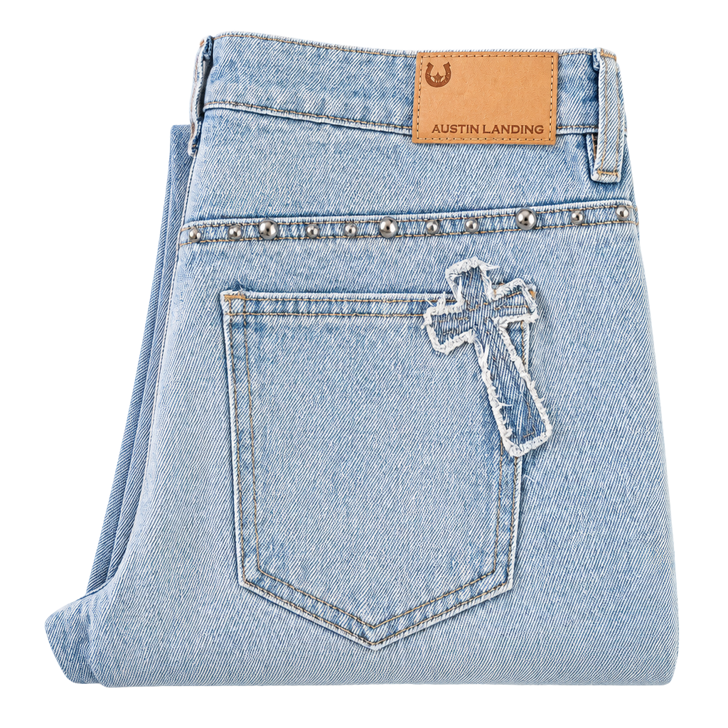 Austin Landing Denim Cross Studded Straight Leg Jeans 1