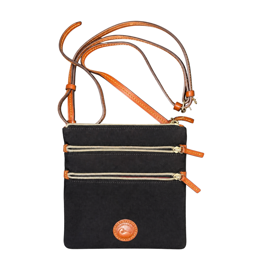 Dooney & Bourke Black Nylon Triple Zip Crossbody Bag with Tan Leather Trim 1