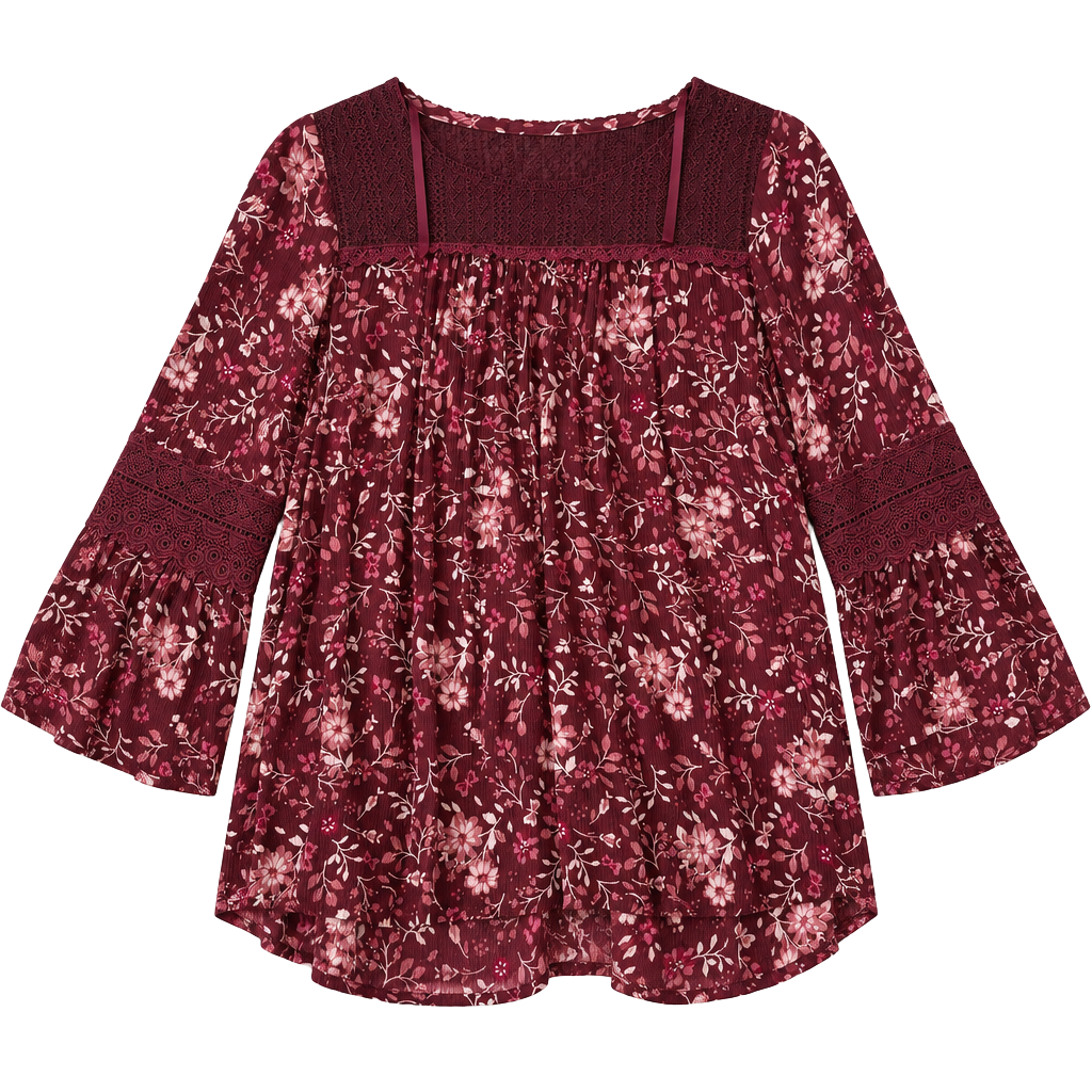 Knox Rose Maroon Floral Print Smocked Scoop Neck Balloon Sleeve Blouse Size S 1