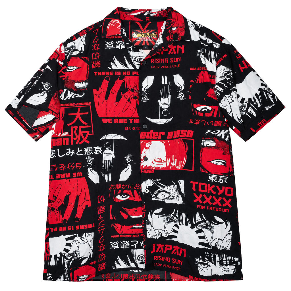 Fresh Prints of Tokyo Button Down Shirt Size S Anime Manga Print Red Black 1
