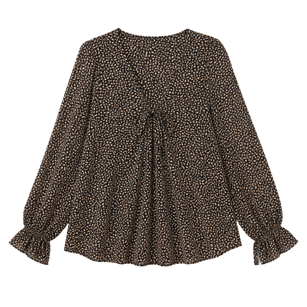 By Together Collection Black and Tan Leopard Print Chiffon Bell Sleeve Blouse Size M L3406-C 1