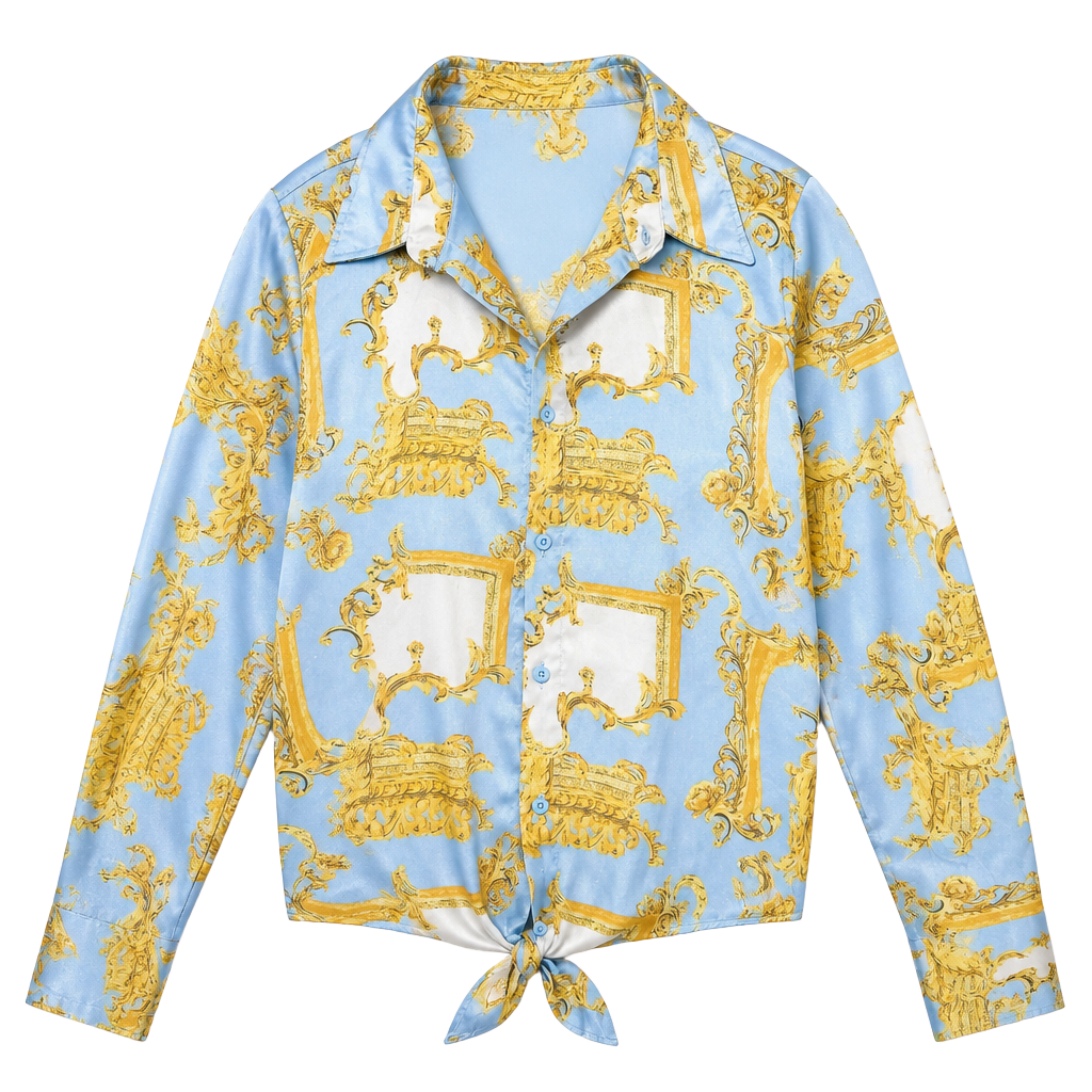 Birch and Stone Long Sleeve Button Up Satin Shirt Top Blue Gold Baroque Print Style 65147CR 1